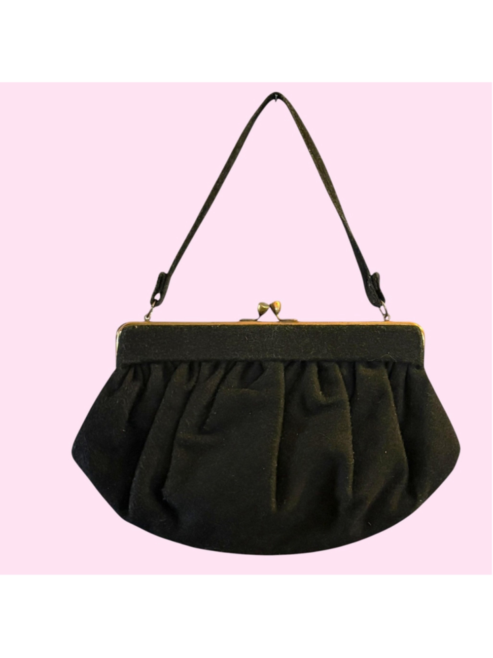 Black Felt Brass Kisslock Handbag Vintage 1940s
